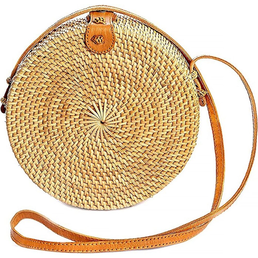 Women's Brown Medium Round Rattan Handmade Straw Wicker Cross Body Boho Bags